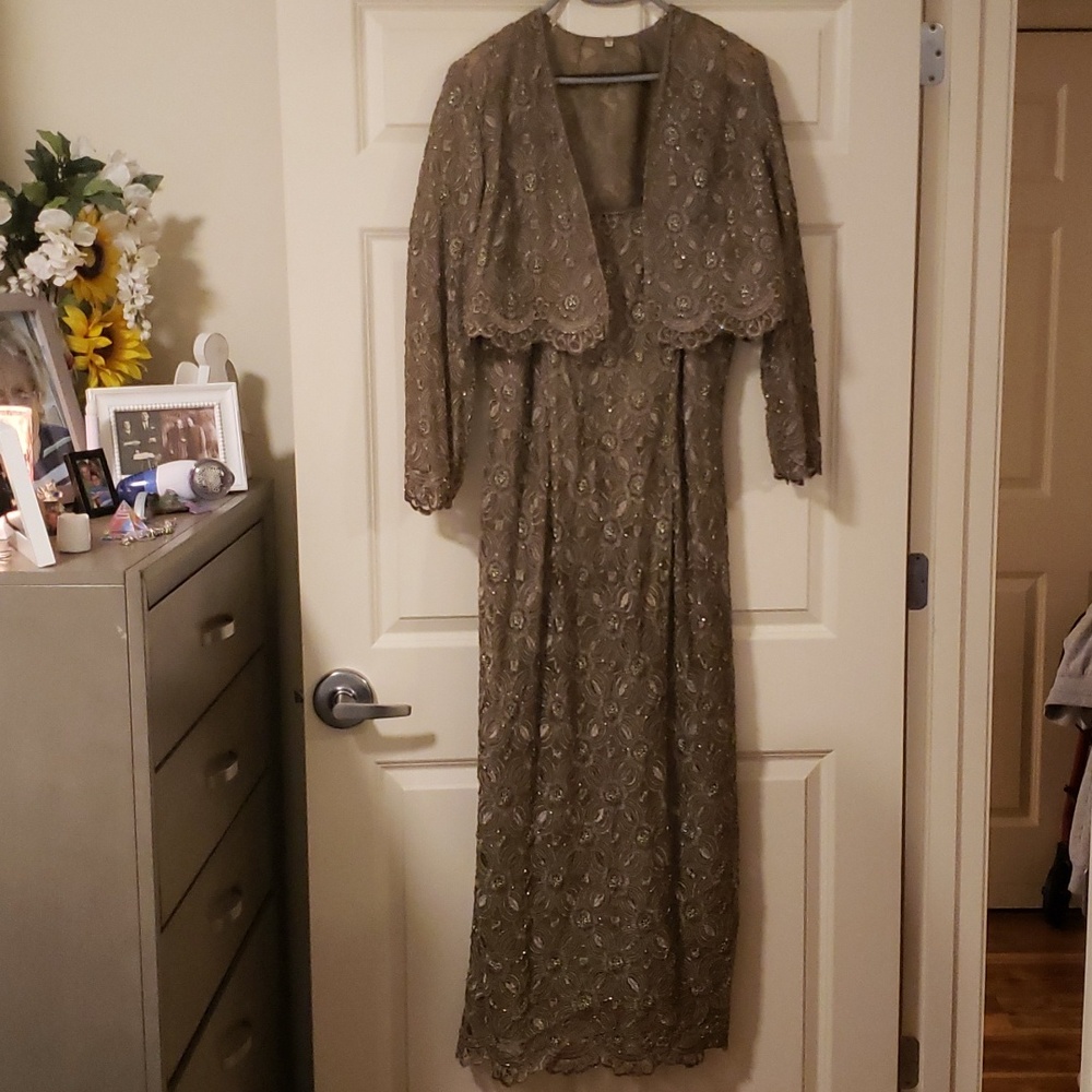 2 piece elegant woman dress, brownish green with decorative sequence.